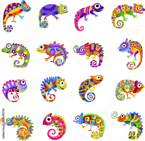 Colorful chameleons. Exotic wild animals recent vector stylized pictures of lizards