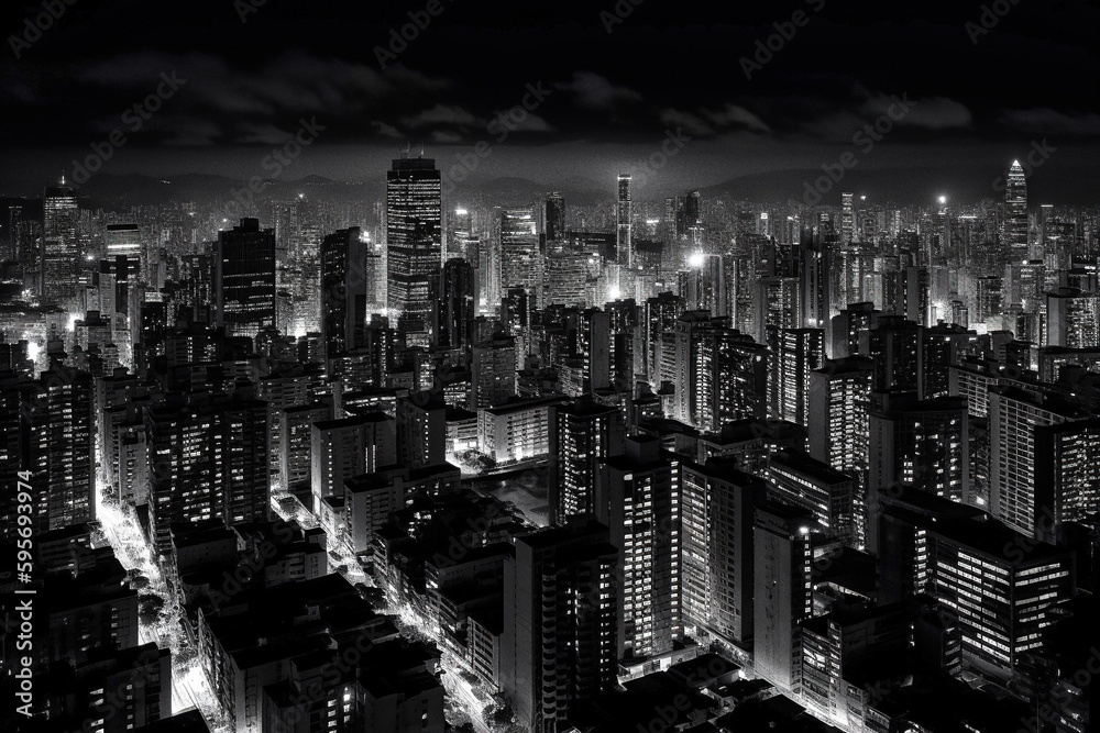 Nighttime city skyline photograph, in black and white, in the style of a major American metropolis - generative ai Nighttime city skyline photograph, in black and white, in the style of a major American metropolis - generative ai