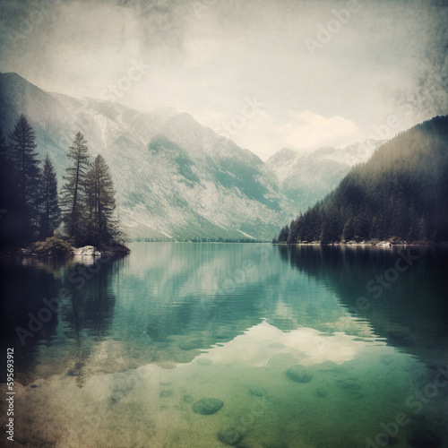 serene lake amidst mountains - generative ai © Uolir