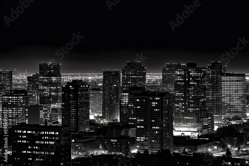 Nighttime city skyline photograph, in black and white, in the style of a major American metropolis - generative ai © Uolir