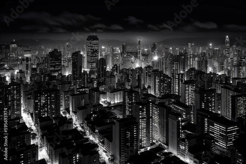 Nighttime city skyline photograph, in black and white, in the style of a major American metropolis - generative ai