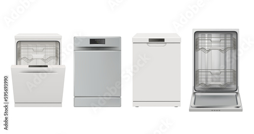 Dishwasher. Machine for washing dishes closed and opening decent vector realistic templates collection isolated
