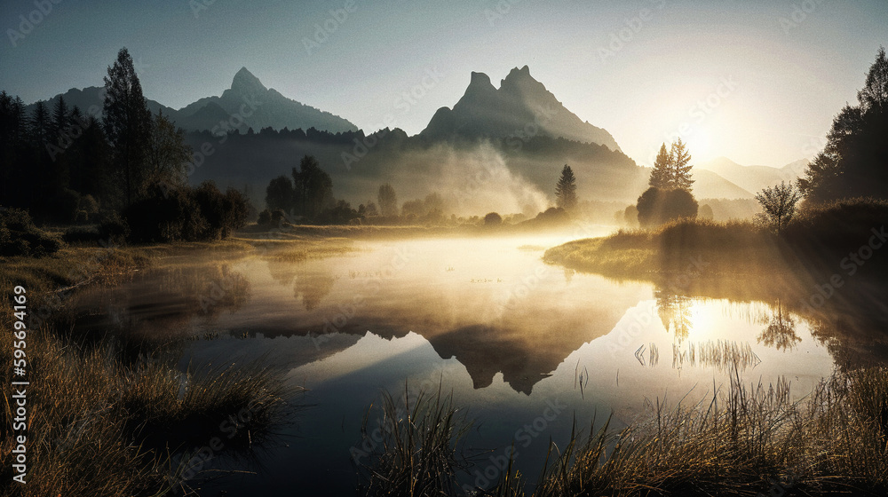 Fototapeta premium stunning mountain reflection on lake - generative ai