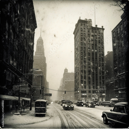 Snapshot of an American City  Vintage picture in Black and White - generative ai