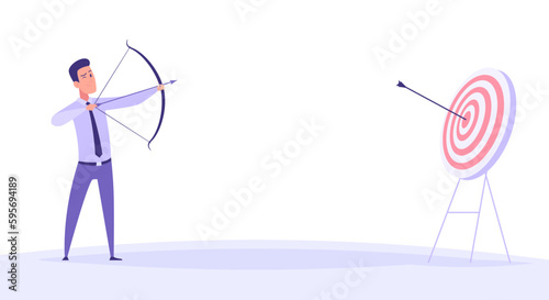 Businessman archer. man holding bow with arrow and shooting to goal Vector business concept illustration