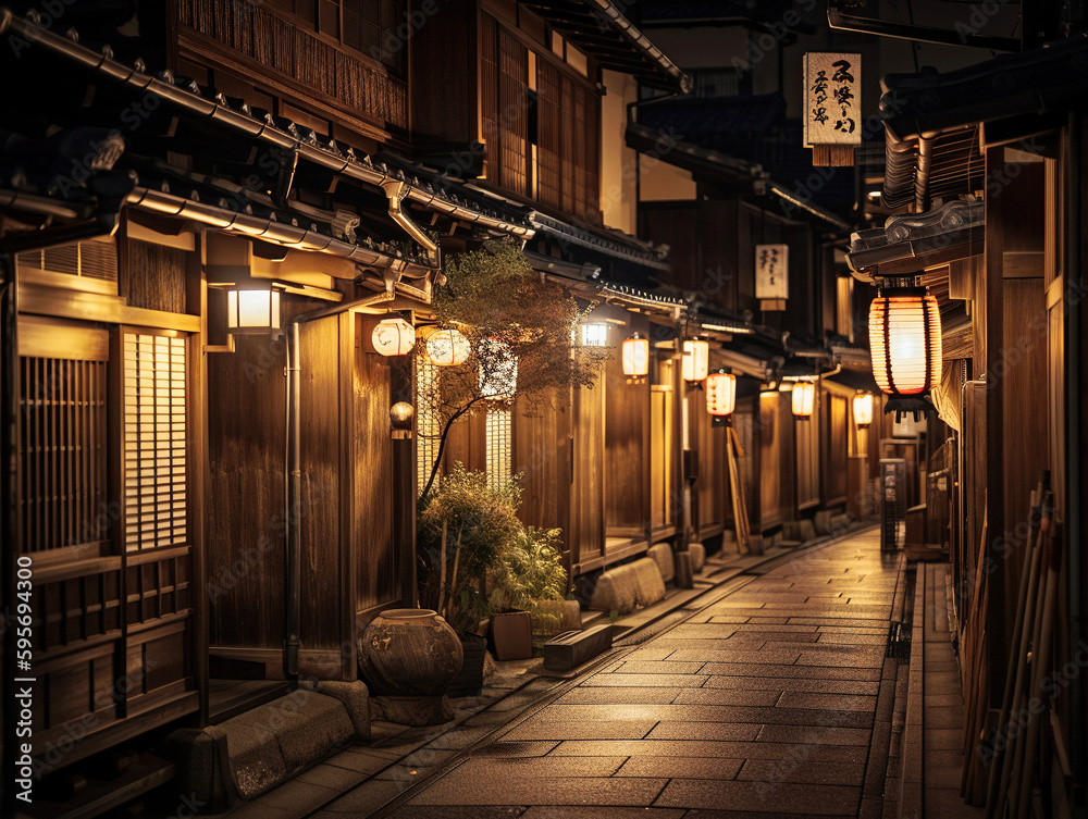  kyoto street with traditional wooden houses and lanterns - generative ai