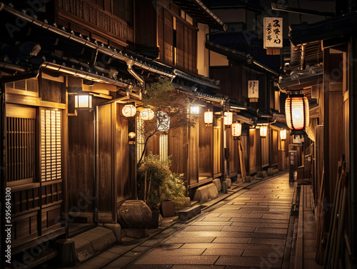  kyoto street with traditional wooden houses and lanterns - generative ai