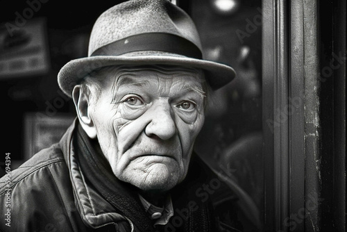 Sad black and white portrait of a poor old man - generative ai