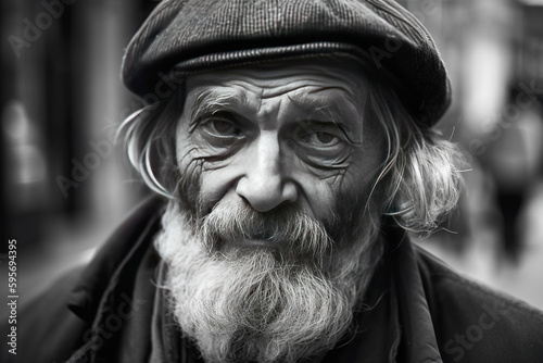 sad black and white portrait of a poor old man - generative ai