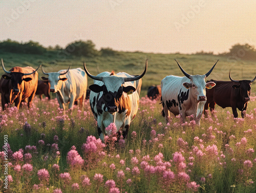 Longhorn Cows Grazing on Lush Green Pasture - generative ai © Uolir