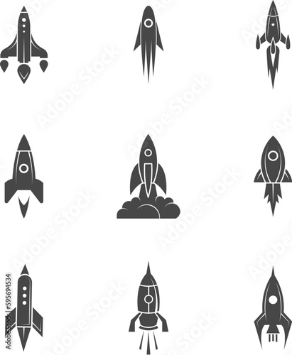 Spaceship icons. Rocket symbols, speed launched space ships silhouettes, spacecraft symbols