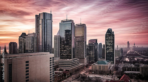 A sprawling cityscape with towering skyscrapers and modern architecture. The buildings are painted in soft shades of pink and orange  while the sky is a light blue - generative AI