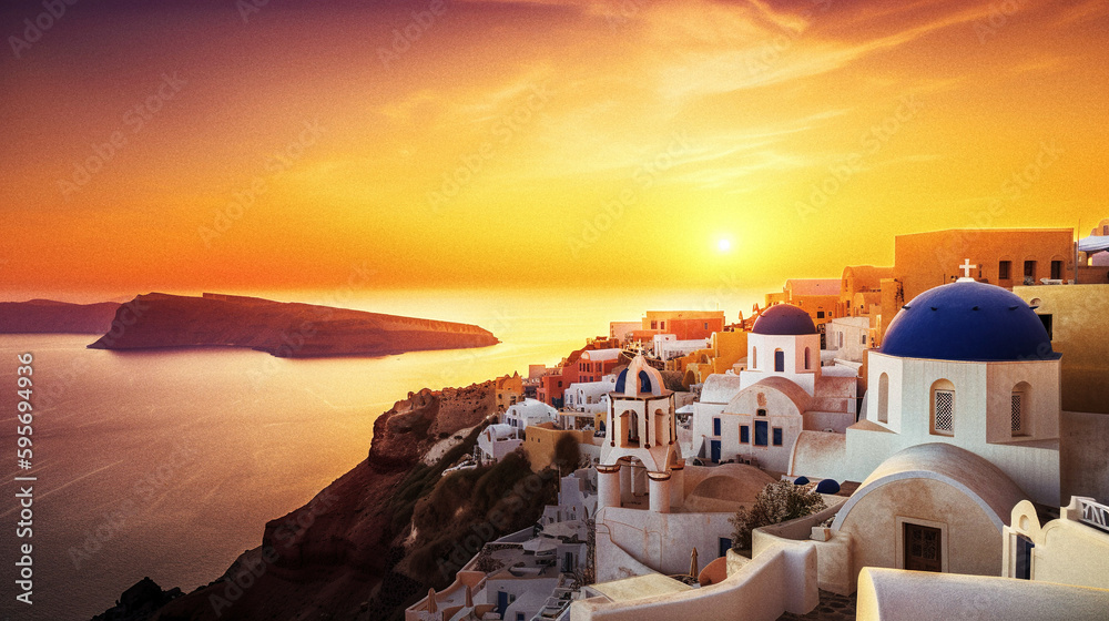 Fototapeta premium Spectacular Santorini Sunset - generative AI