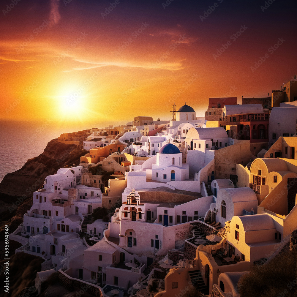 Fototapeta premium Spectacular Santorini Sunset - generative AI