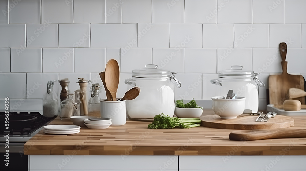 Kitchen brass utensils, chef accessories. Hanging kitchen with white tiles wall and wood tabletop.Green plant on kitchen background generated ai Kitchen brass utensils, chef accessories. Hanging kitchen with white tiles wall and wood tabletop.Green plant on kitchen background generated ai