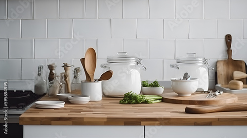 Kitchen brass utensils, chef accessories. Hanging kitchen with white tiles wall and wood tabletop.Green plant on kitchen background generated ai 