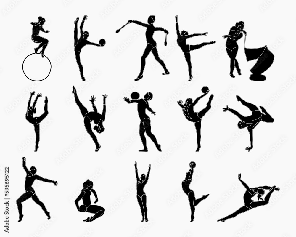 Set of silhouettes of gymnasts. Sport artistic gymnastics. Sports queen. Flat style. Isolated vector Set of silhouettes of gymnasts. Sport artistic gymnastics. Sports queen. Flat style. Isolated vector