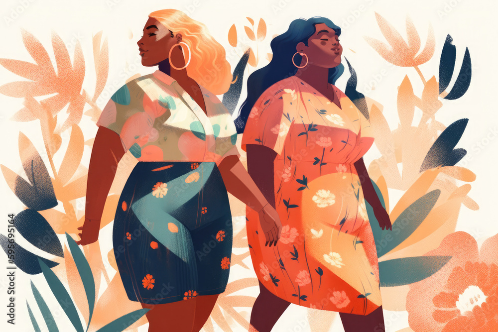 © ADDICTIVE STOCK - Generative AI illustration of young woman in casual clothes looking side while walking with girlfriend in floral dress and with closed eyes against plants © ADDICTIVE STOCK - Generative AI illustration of young woman in casual clothes looking side while walking with girlfriend in floral dress and with closed eyes against plants