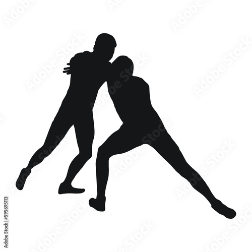 Vector black silhouette of a wrestler athlete in wrestling, duel, fight, struggle, combating. Greco Roman, freestyle wrestling, martial art, sportsmanship.