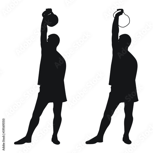 Set silhouettes athletes weight lifter lift kettlebell, weights. Weight lifting. Pull, push, bench press