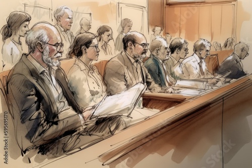Illustration of a jury sitting in a courtroom, waiting to deliver a verdict. The jurors are depicted as a diverse group of individuals. generative AI photo