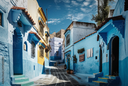 The Blue Painted Walls and Narrow Alleys of Chefchaouen - generative AI © Uolir