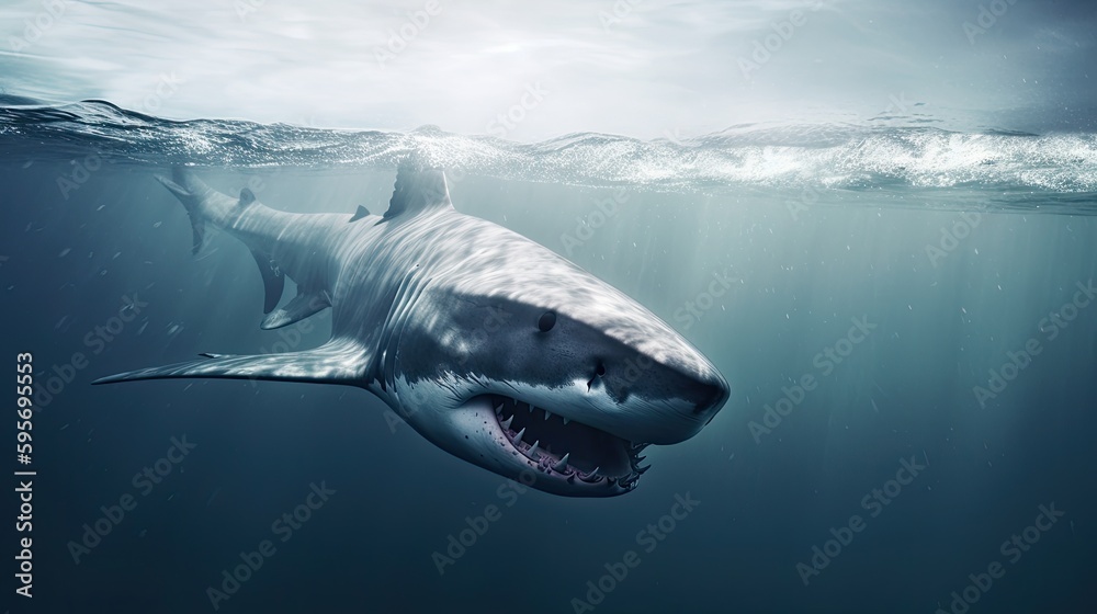 Fototapeta premium A large shark in the sea with ferocious teeth. Generative AI