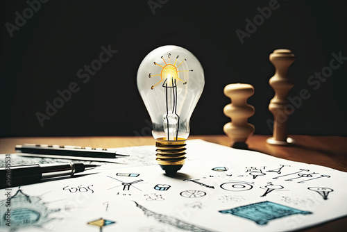 Entrepreneur with a new innovative idea cultivates it and makes it into a prosperous business. The business owner builds a profitable venture, multitasking to achieve the goal. Denoted by lightbulbs