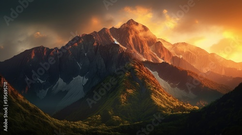 A Majestic mountainrange basking in sunset. Generative AI