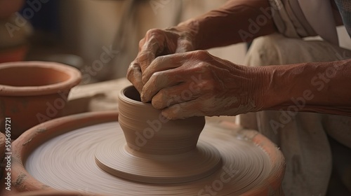 Making pottery in a potter's traditional wheel. Generative AI