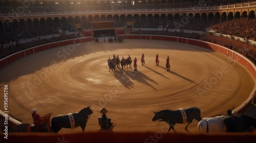 Men participating in a traditional bullfight in a stadium in Spain. Generative AI