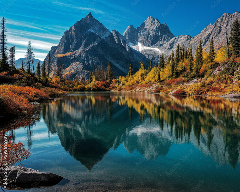 Autumn Reflections: Snowy Mountains and Majestic Trees Mirrored in a Serene Lake - generative AI