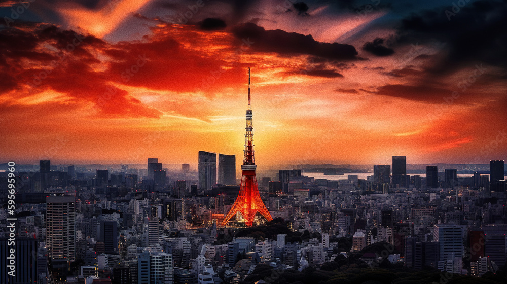 Tokyo Skyline at Sunset with Tokyo Tower - generative AI