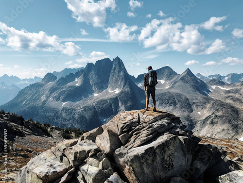 A hiker standing on a rocky outcrop, gazing out at a breathtaking mountain view- generative AI © Uolir