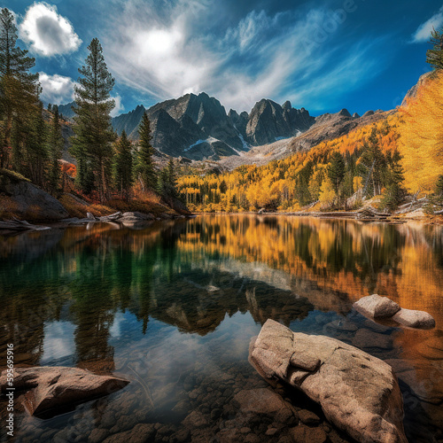 Autumn Reflections  Snowy Mountains and Majestic Trees Mirrored in a Serene Lake - generative AI