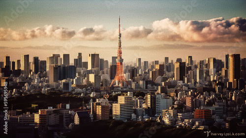 Tokyo Skyline at Sunset with Tokyo Tower - generative AI