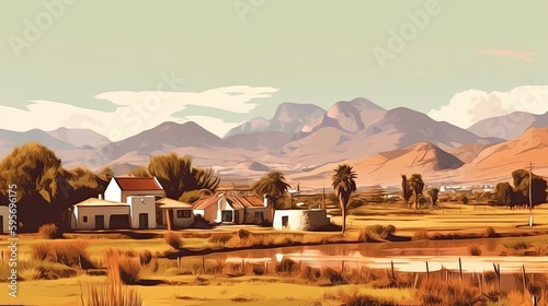 Pop-up style landscape with mountains and houses in a countryside South Africa. Generative AI