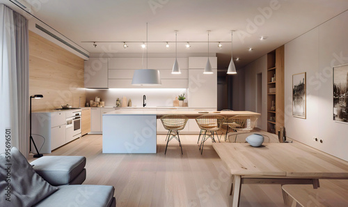 Scandinavian interior design of kitchen with island, dining table and chairs. Created with generative AI © Vadim Andrushchenko