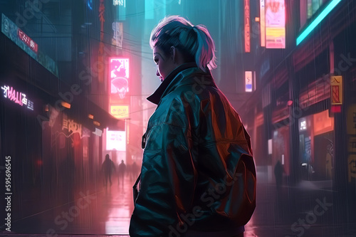 Concept art illustration of woman in a cyberpunk city at night