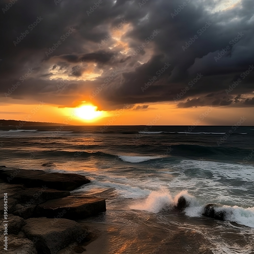 Obraz premium paysage, cote et coucher de soleil, rocher