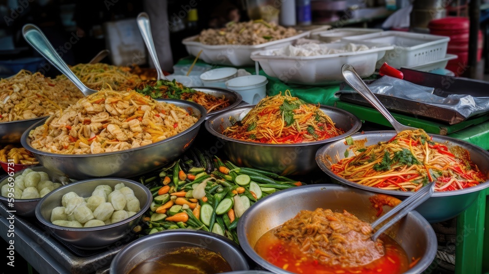 Traditional Thai food in Bangkok market. Generative AI