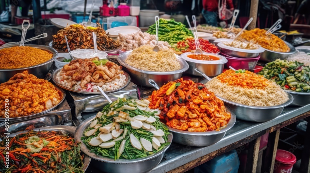 Traditional Thai food is sold in the Bangkok market. Generative AI