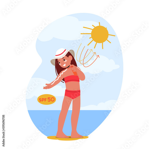 Smiling Child Girl Character Protected From Sunburn By Applying Skin Cream, Enjoying Outdoor Beach Activities