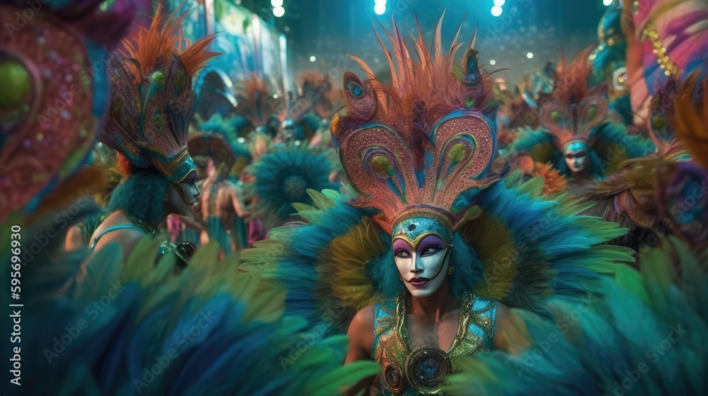 A woman in a mask with a feathery costume during the Rio Carnival in Brazil. Generative AI