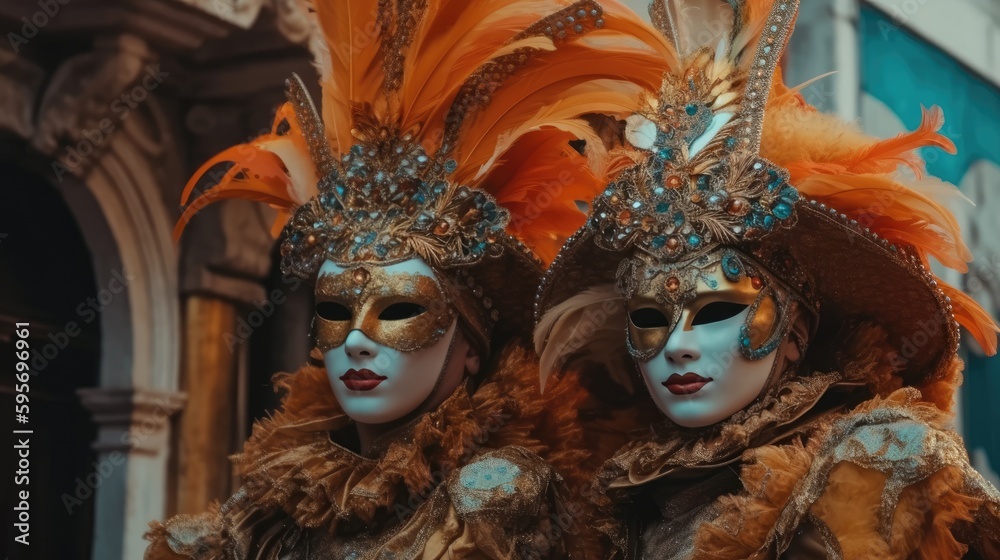 people dressed in vibrant costumes and masks, parading through the streets during the Carnevale di Venezia in Italy. Generative AI