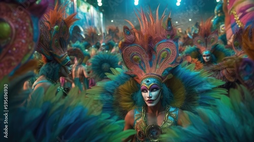 A woman in a mask with a feathery costume during the Rio Carnival in Brazil. Generative AI