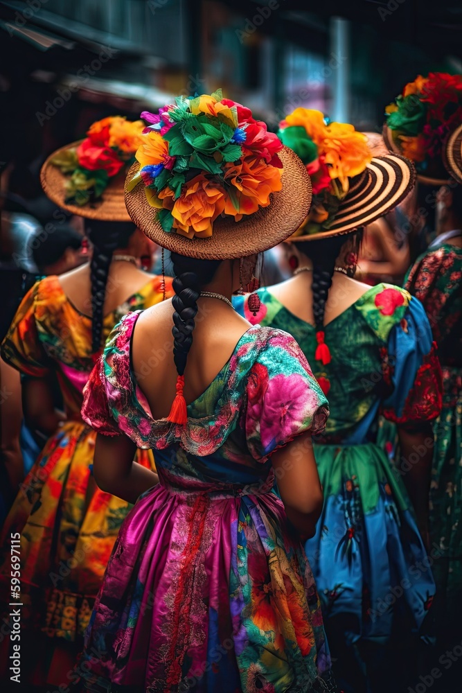 Fototapeta premium Women wore brightly colored dresses and headdresses during the Feria de las Flores in Colombia. Generative AI