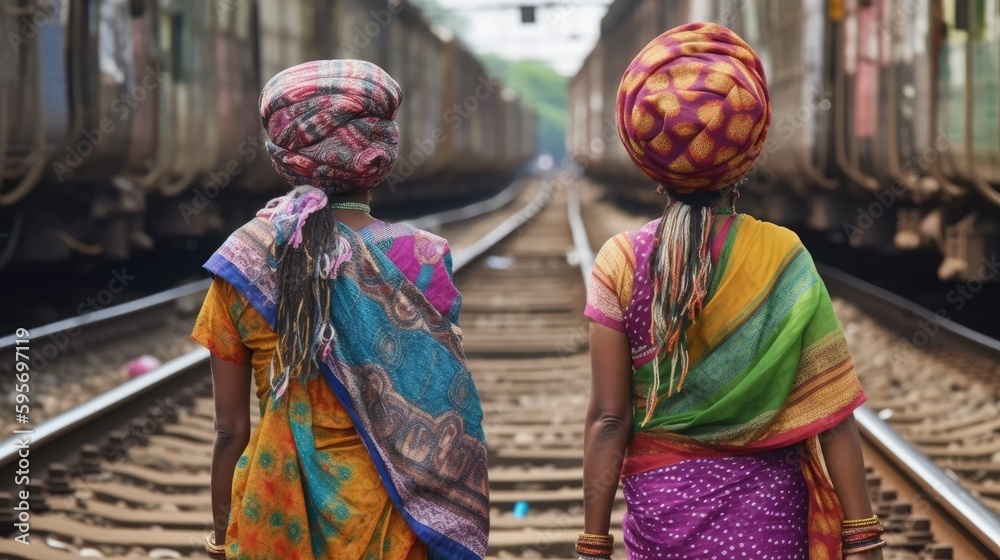 Women dressed in colorful saris carrying baskets on their heads while walking on train tracks in Mumbai, India. Generative AI