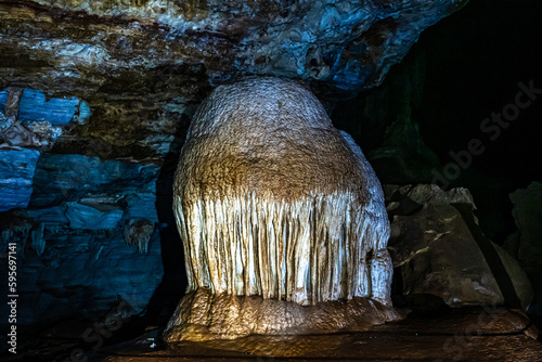 Limestone cave of stalactite and stalagmite formations, Gruta da Lapa Doce Cave, Chapada Diamantina in Bahia, Brazil. photo