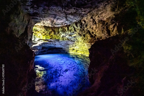 The blue water of Poco Encantado or Enchanted Well, in a cave at Itaete, Chapada Diamantina, Bahia, Brazil